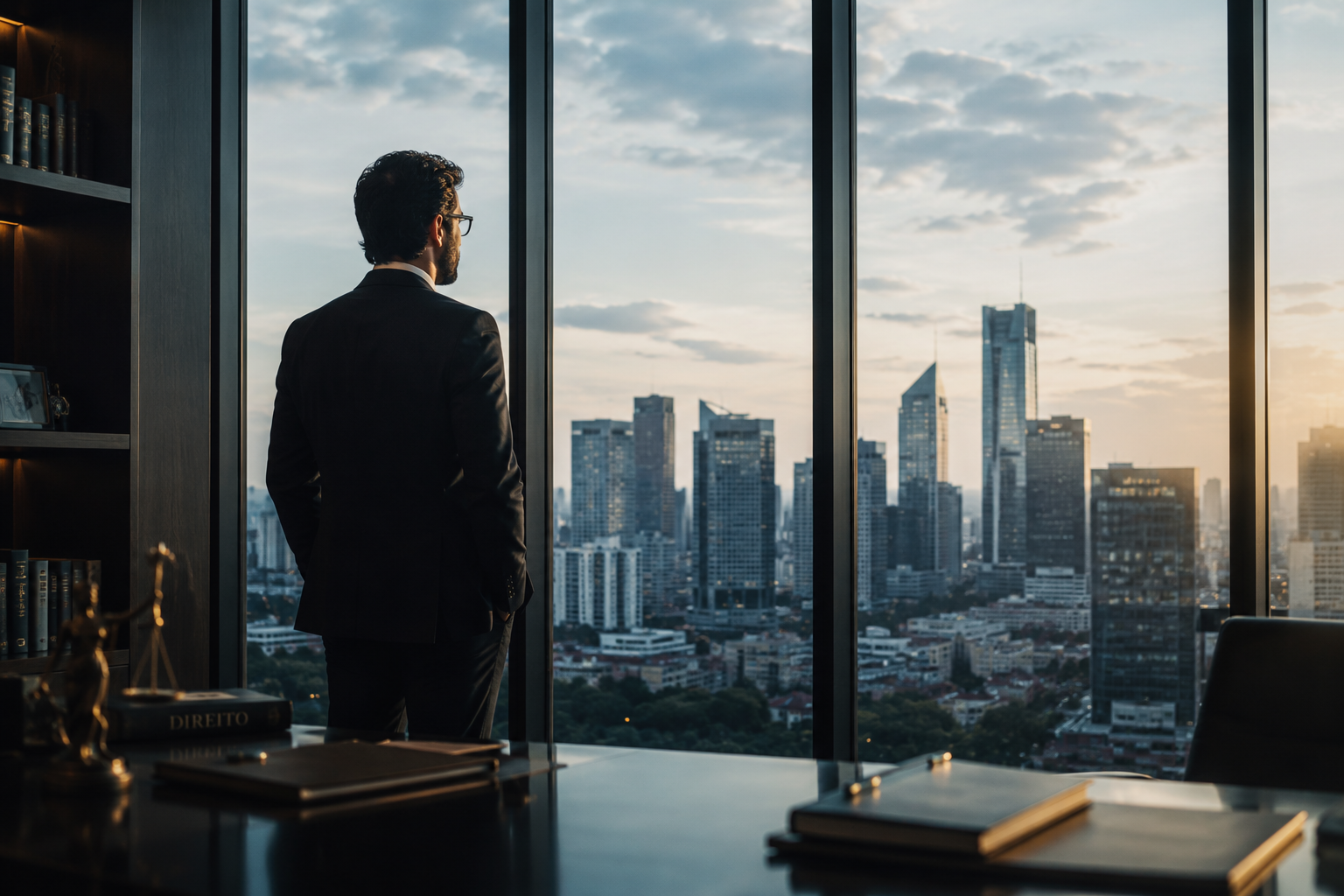 Advogado de terno em pé de costas e perfil, observando através de uma vidraça o horizonte de um distrito financeiro com arranha-céus e skyline urbano, tons de azul-marinho e cinza, luz suave de fim de tarde, composição editorial, fotografia realista de alta qualidade transmitindo autoridade e solidez institucional